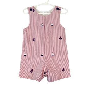 Glorimont Seersucker Romper Baby Boy Sz 12M Red Sailboat Anchor Nautical Coastal